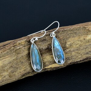 Labradorite Earrings, Blue Fire Labradorite Sterling Silver Bezel Jewelry, Briolette Pear Labradorite Dangle Earring, Wedding Gift