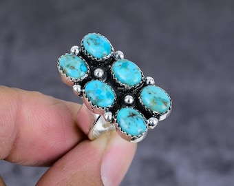 Kingman Turquoise Sterling Silver Ring: Southwestern Cluster Jewelry