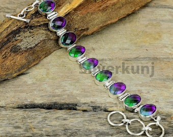 Watermelon Tourmaline Quartz Sterling Silver Bracelet - 7.5 Inch