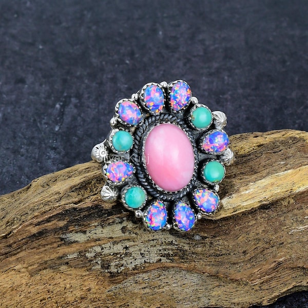 Pink Opal, Aurora Opal & Turquoise Sterling Silver Cluster Ring