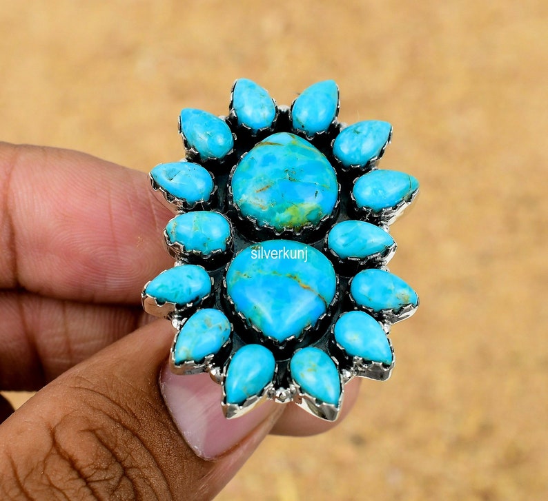 Kingman Turquoise Sterling Silver Ring, Navajo Cluster Ring - Etsy
