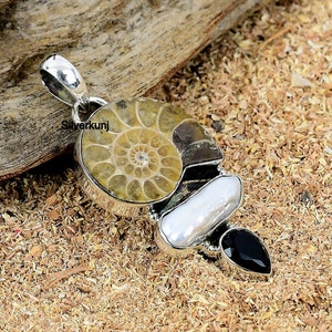 Ammonite Fossil, Ammonite Biwa Pearl & Onyx Sterling Silver Pendant, Multi Stone Pendant, Ammonite Sea Shell Jewelry, Christmas Gift For Her