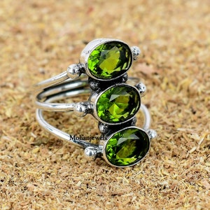 Peridot Ring, Sterling Silver Boho Ring, August Birthstone Ring, Women Dainty Ring, Triple Gemstone Minimalist Ring, Gift for Girlfriend