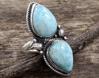 Larimar Ring Natural Dominican Larimar Gemstone Sterling Silver Ring, Dual Larimar Stone Ring, Women's Gift Jewelry (All sizes available)