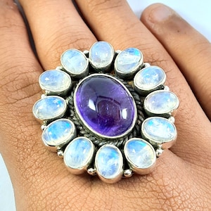 Natural Amethyst & Rainbow Moonstone Sterling Silver Ring, February Birthstone, Anniversary Gift Ring For Women, Handmade Multi Crystal Ring