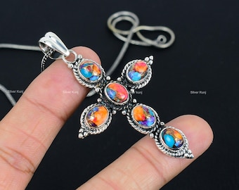 Spiny Oyster Turquoise Cross Pendant: Sterling Silver Boho Necklace