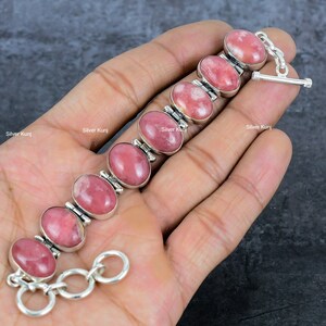 Handmade Rhodochrosite Gemstone Bracelet: 925 Sterling Silver Adjustable Chain