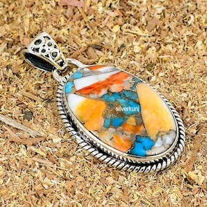 Turquoise Pendant, Spiny Oyster Turquoise Sterling Silver Pendant, Orange & Blue Multi Color Turquoise, Different Turquoise Pendant For Gift
