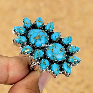 Blue Copper Turquoise Ring, 925 Sterling Silver Ring, Statement Ring, Turquoise Silver Ring, Handmade Cluster Ring Jewelry