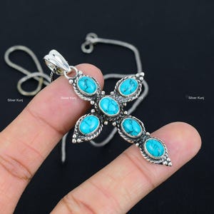 Turquoise Cross Pendant, Turquoise Gemstone 925 Sterling Silver Cross Jewelry, Birthstone Pendant, Gift for Love, Vintage Pendant