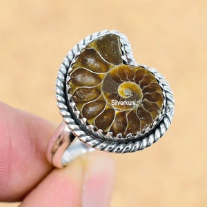Ammonite Fossil Ring: Sterling Silver Pear Cabochon Statement Ring