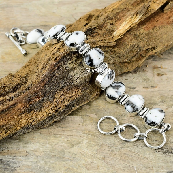 Navajo White Buffalo Turquoise Sterling Silver Bracelet, Buffalo Turquoise 10*14 MM Bracelet, White & Black Stone,Buffalo Turquoise Bracelet