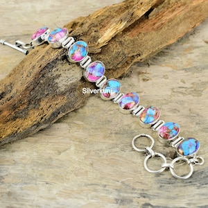 Kingman Turquoise Bracelet: Pink Spiny Oyster, Sterling Silver, Adjustable