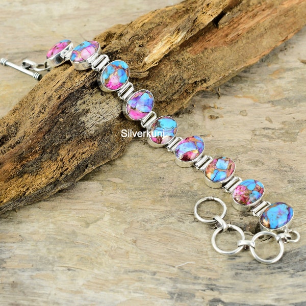 Bracelet turquoise, naturel Kingman Pink Dahlia Turquoise, turquoise multicolore, huître épineuse rose naturelle, bracelet fait à la main pour cadeau