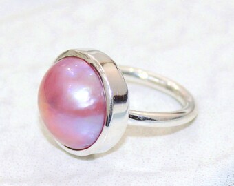 Pearl Ring, South Pacific Mabe Pearl Sterling Silver Ring, Pink Mabe Cultured Pearl Gemstone Ring, Rare Pink Pearl Ring, Gift For Women