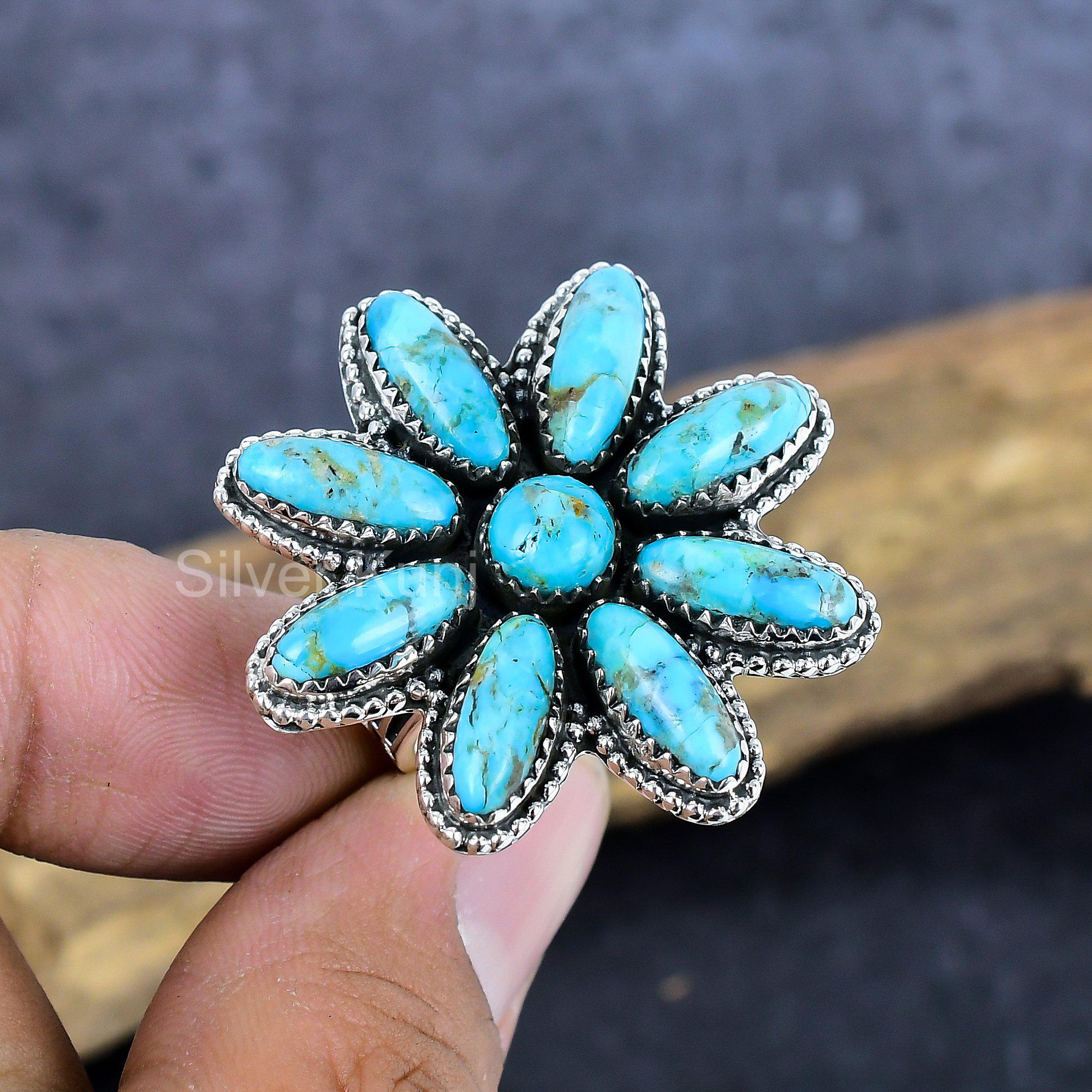 Kingman Turquoise Cluster Ring, Sterling Silver Navajo Jewelry - Etsy