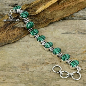 Malachite Bracelet, Dainty Malachite Sterling Silver Bracelet, Green Birthstone Silver Jewelry, Oval Shape Statement Bracelet, Gift For Her