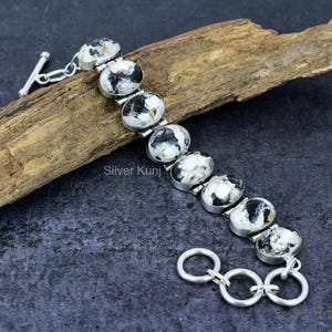 Navajo White Buffalo Turquoise Silver Bracelet, Natural Buffalo Turquoise Stone Link Bracelet, 12x16 MM White & Black Stone Bracelet For Her