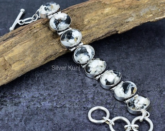 Navajo White Buffalo Turquoise Silver Bracelet, Natural Buffalo Turquoise Stone Link Bracelet, 12x16 MM White & Black Stone Bracelet For Her