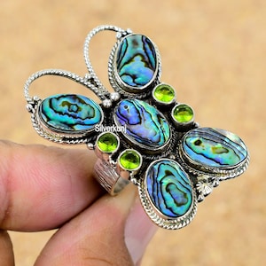 Natural Abalone Shell Ring, Abalone Shell & Peridot Stone Ring, Sterling Silver Ring, Puha Shell Ring, Butterfly Silver Ring, Gift for Her