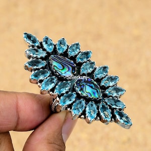 Abalone Shell & Blue Topaz Sterling Silver Ring: Bohemian Sea Shell Jewelry