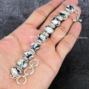 Navajo Buffalo Turquoise Sterling Silver Bracelet, Natural Buffalo Turquoise Gemstone Bracelet, White & Black Stone, Bracelet For Women Gift