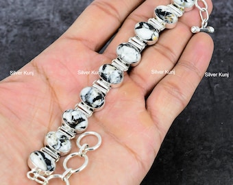 Navajo Buffalo Turquoise Sterling Silver Bracelet, Natural Buffalo Turquoise Gemstone Bracelet, White & Black Stone, Bracelet For Women Gift