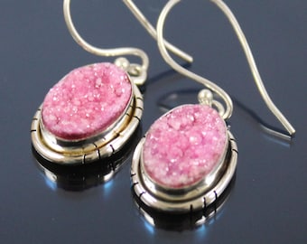Pink Titanium Druzy Sterling Silver Earrings: Handmade Dangle Drop