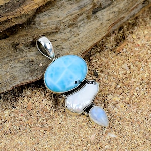 Larimar Pendant, Larimar-Pectolite Sterling Silver Pendant, Larimar Biwa Pearl & Moonstone Multi Stone Pendant, Anniversary Women&#39;s Gift