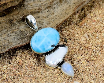Larimar Sterling Silver Pendant: Biwa Pearl & Moonstone Boho Jewelry