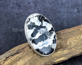 Navajo Buffalo Turquoise Ring, White Black Buffalo Turquoise Sterling Silver Ring, Handmade Big Oval Cabochon Ring, Engagement Gift Jewelry