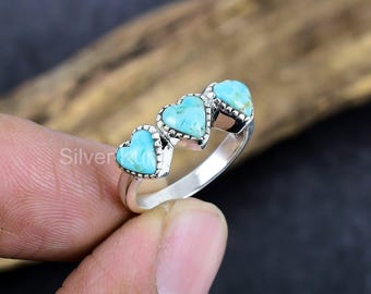 Kingman Turquoise Heart Ring: Sterling Silver Three-Stone Birthstone Jewelry