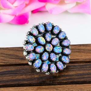 Aurora Opal Ring - 925 Solid Sterling Silver Ring - Big Cluster Ring - Royal Balloon Opal Stone Ring - Southwestern Ring - Gift for Wife