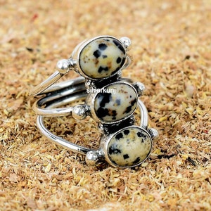 Dalmation Jasper Sterling Silver Ring: Three Stone Bohemian Stacking Ring