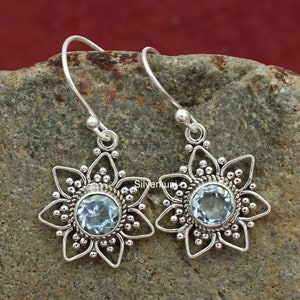 Blue Topaz Earrings, Blue Topaz Sterling Silver Earring, Handmade Earrings, Natural Blue Stone Earrings, Dangle Drop Earrings, Gift For Her