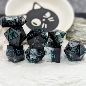 Blackened Soul  - Full Handmade 7/8 Piece Sharp Edge Polyhedral Dice Set D&D, Dungeons and Dragons -