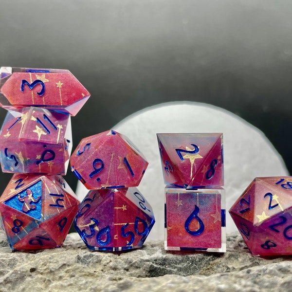 Marvellous Shooting Stars (Flaw) - Full Handmade 7/8 Piece Sharp Edge Polyhedral Dice Set RPG D&D, Dungeons and Dragons, Pathfinder DnD