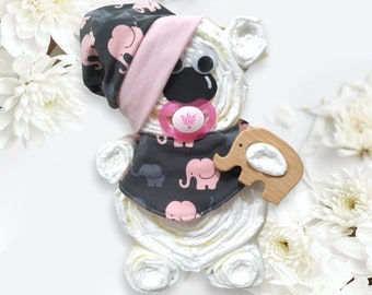 Geburtsgeschenk Windeltorte Windelbär - einzigartiges Geschenk zur Geburt - Mütze Halstuch Baby Elefant Rosa Grau Greifling Elefant