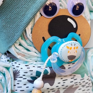 Birth gift Diaper cake bear for boys handmade hat scarf Pacifier chain with or without a name image 5