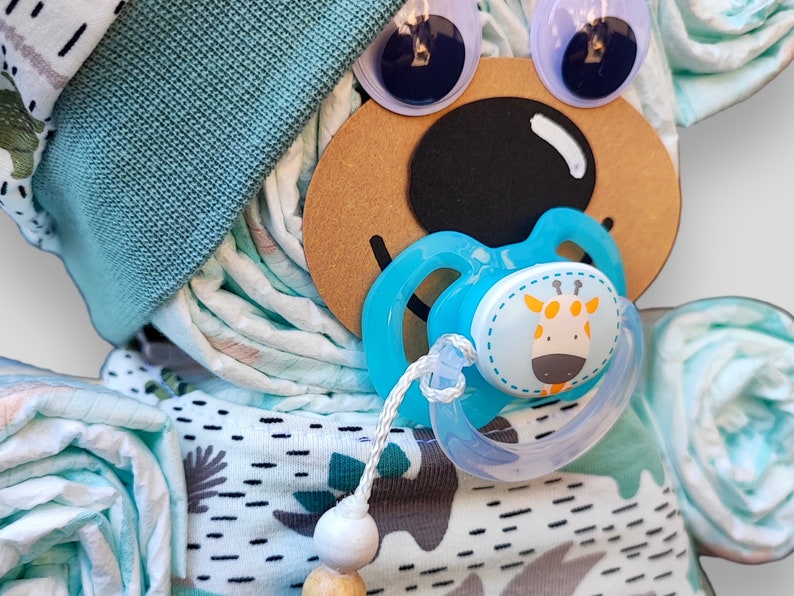 Birth gift Diaper cake bear for boys handmade hat scarf Pacifier chain with or without a name image 5