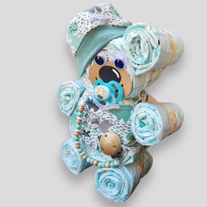 Birth gift Diaper cake bear for boys handmade hat scarf Pacifier chain with or without a name image 3