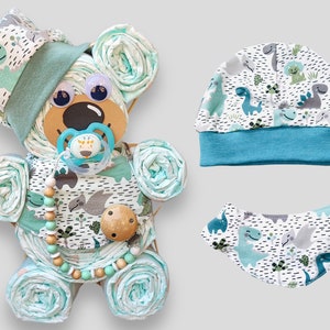 Birth gift Diaper cake bear for boys handmade hat scarf Pacifier chain with or without a name image 7