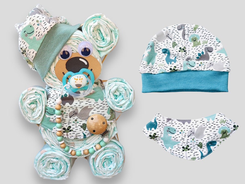 Birth gift Diaper cake bear for boys handmade hat scarf Pacifier chain with or without a name image 7