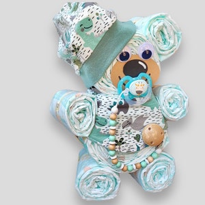 Birth gift Diaper cake bear for boys handmade hat scarf Pacifier chain with or without a name image 2
