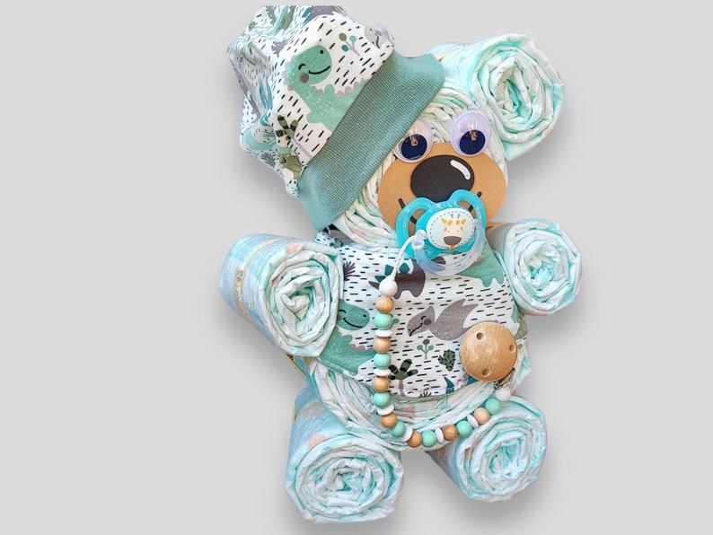 Birth gift Diaper cake bear for boys handmade hat scarf Pacifier chain with or without a name image 2