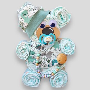 Birth gift Diaper cake bear for boys handmade hat scarf Pacifier chain with or without a name image 8