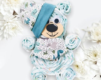 Diaper cake for a boy | special gift for a newborn | handmade diaper cake with a bear | handmade dinosaur hat and bandana for a boy | baby shower