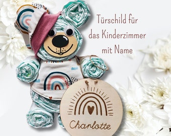 Windeltorte Mädchen, Windelbär, Windelgeschenk, Geburtsgeschenk - besonderes Geschenk zur Geburt - Regenbogen, personalisiertes Namensschild