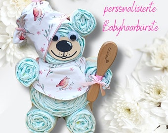 Geschenk zur Geburt | Windeltorte Bär für Mädchen | handmade Mütze + Halstuch | Babyhaarbürste mit Name | handgemacht Handarbei