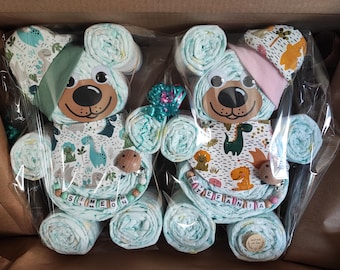 Diaper cake for the birth of twins | handmade and lovingly designed twin gift | customizable with names